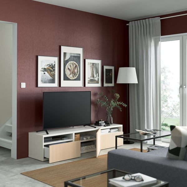 BESTÅ TV unit with drawers and door, white/Björköviken birch veneer, 70 7/8x16 1/2x15 3/8 "