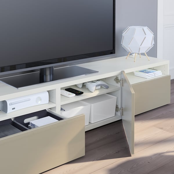 BESTÅ TV unit with drawers and door, white/Selsviken high-gloss/beige, 70 7/8x16 1/2x15 3/8 "