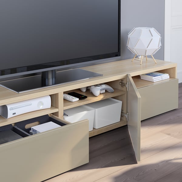 BESTÅ TV unit with drawers and door, white stained oak effect/Selsviken high-gloss/beige, 70 7/8x16 1/2x15 3/8 "