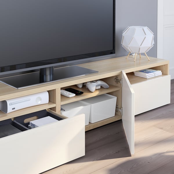 BESTÅ TV unit with drawers and door, white stained oak effect/Selsviken high-gloss/white, 70 7/8x16 1/2x15 3/8 "