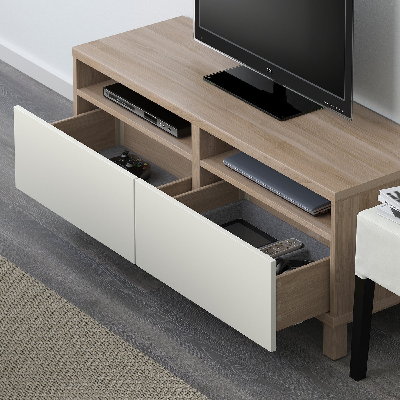 BESTÅ TV unit with drawers walnut effect light gray/Lappviken white
