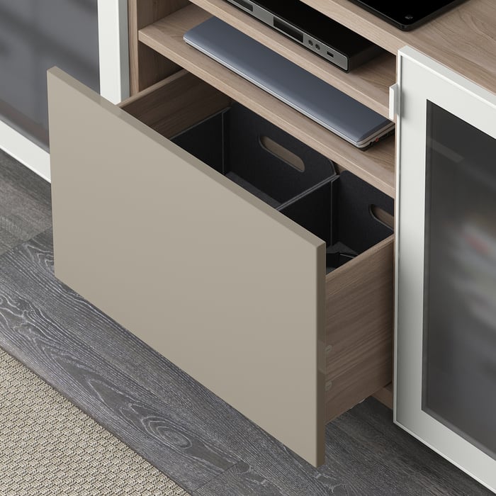 BESTÅ TV unit with drawers, walnut effect light gray/Selsviken/Nannarp