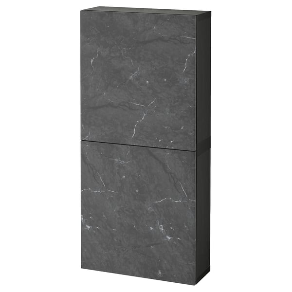 BESTÅ Wall cabinet with 2 doors, black-brown Bergsviken/black marble effect, 23 5/8x8 5/8x50 3/8 "
