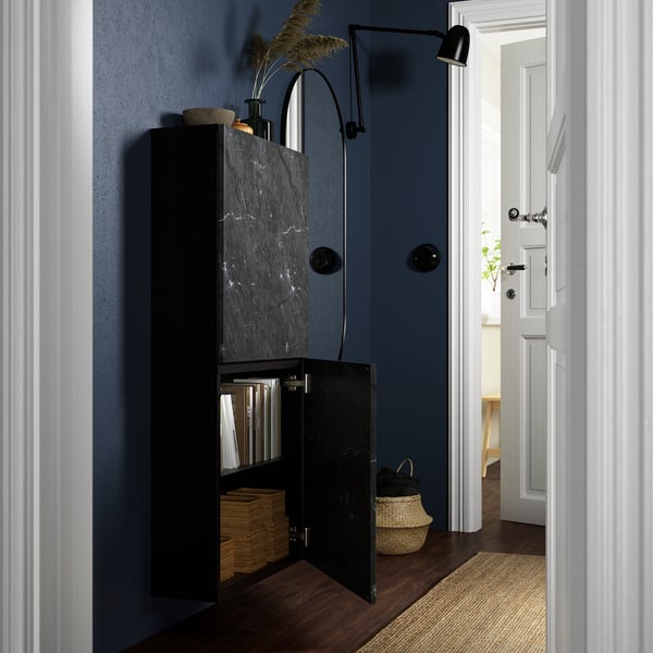 BESTÅ Wall cabinet with 2 doors, black-brown Bergsviken/black marble effect, 23 5/8x8 5/8x50 3/8 "