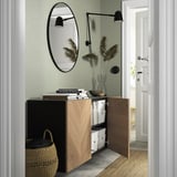 BESTÅ Wall-mounted cabinet combination, black-brown Hedeviken/oak veneer, 70 7/8x16 1/2x25 1/4 "