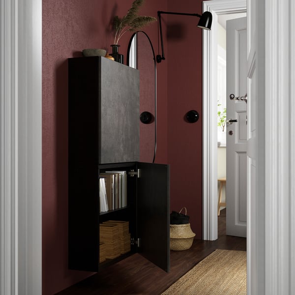 BESTÅ Wall-mounted cabinet combination, black-brown/Kallviken dark gray, 23 5/8x8 5/8x25 1/4 "