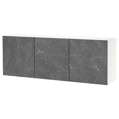 Ikea BESTÅ white wall cabinet with gray marble effect doors.