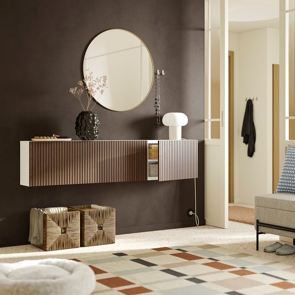 BESTÅ Wall-mounted cabinet combination, white brown/Björköviken stained oak veneer, 70 7/8x8 5/8x15 "