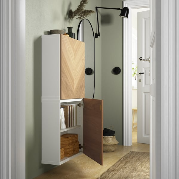 BESTÅ Wall-mounted cabinet combination, white/Hedeviken oak veneer, 23 5/8x8 5/8x25 1/4 "