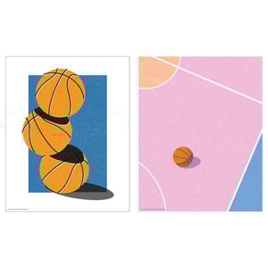 Two posters: left has three oranges on blue, right has one orange on pink court.