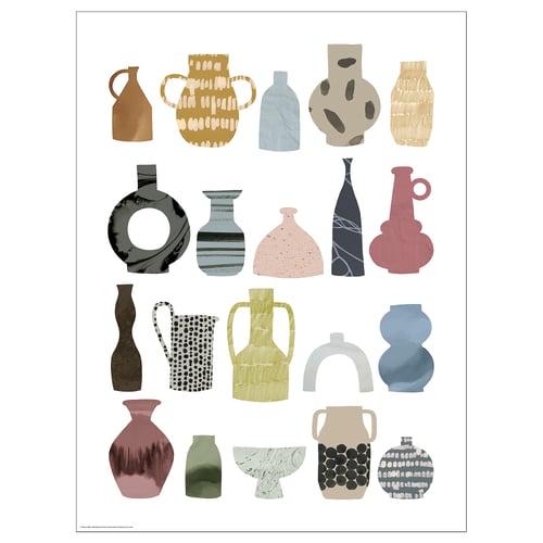 Colourful variety of 16 unique vases in various designs & shapes, printed on a white poster.