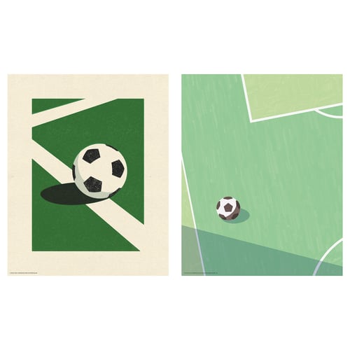 Green football art print, football ball on field, white border