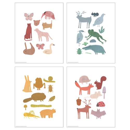 Four colourful square posters, each illustrating various animals and insects, designed by joelle wehkamp and aniek bartels, printed on paper.