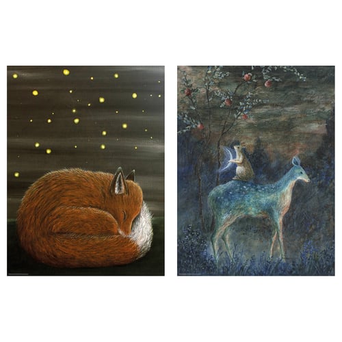Two art posters: left, sleeping fox under stars; right, blue deer with squirrel, tree, flowers.