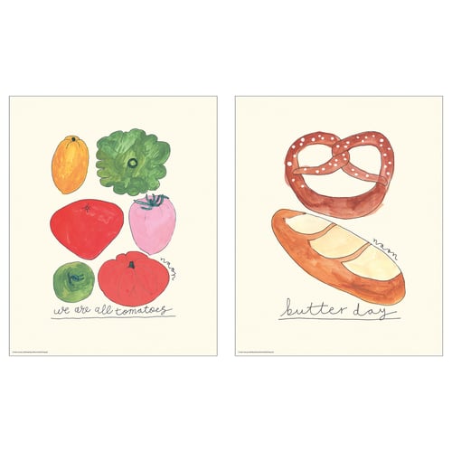 Two vibrant posters: left, colourful tomatoes, we are all tomatoes; right, pretzel, bread, butter day.