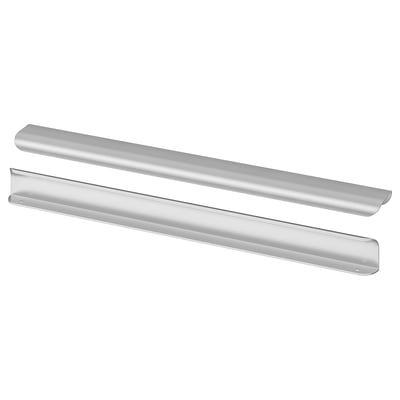 Two silver, elongated aluminium handles with rounded edges, lying side by side.