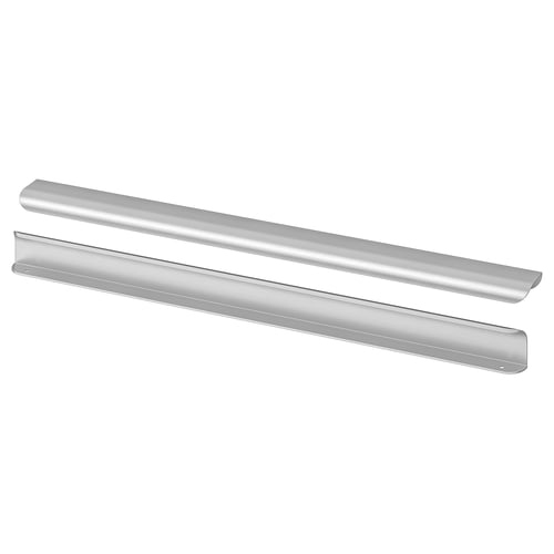Two sleek grey aluminium kitchen handles, powder-coated, lying parallel. Modern minimalist design.