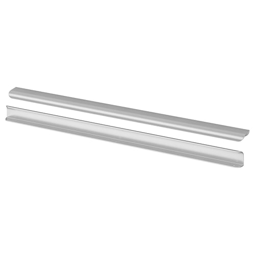 Two sleek, silver, elongated kitchen handles, made of powder-coated aluminium, displayed side by side.