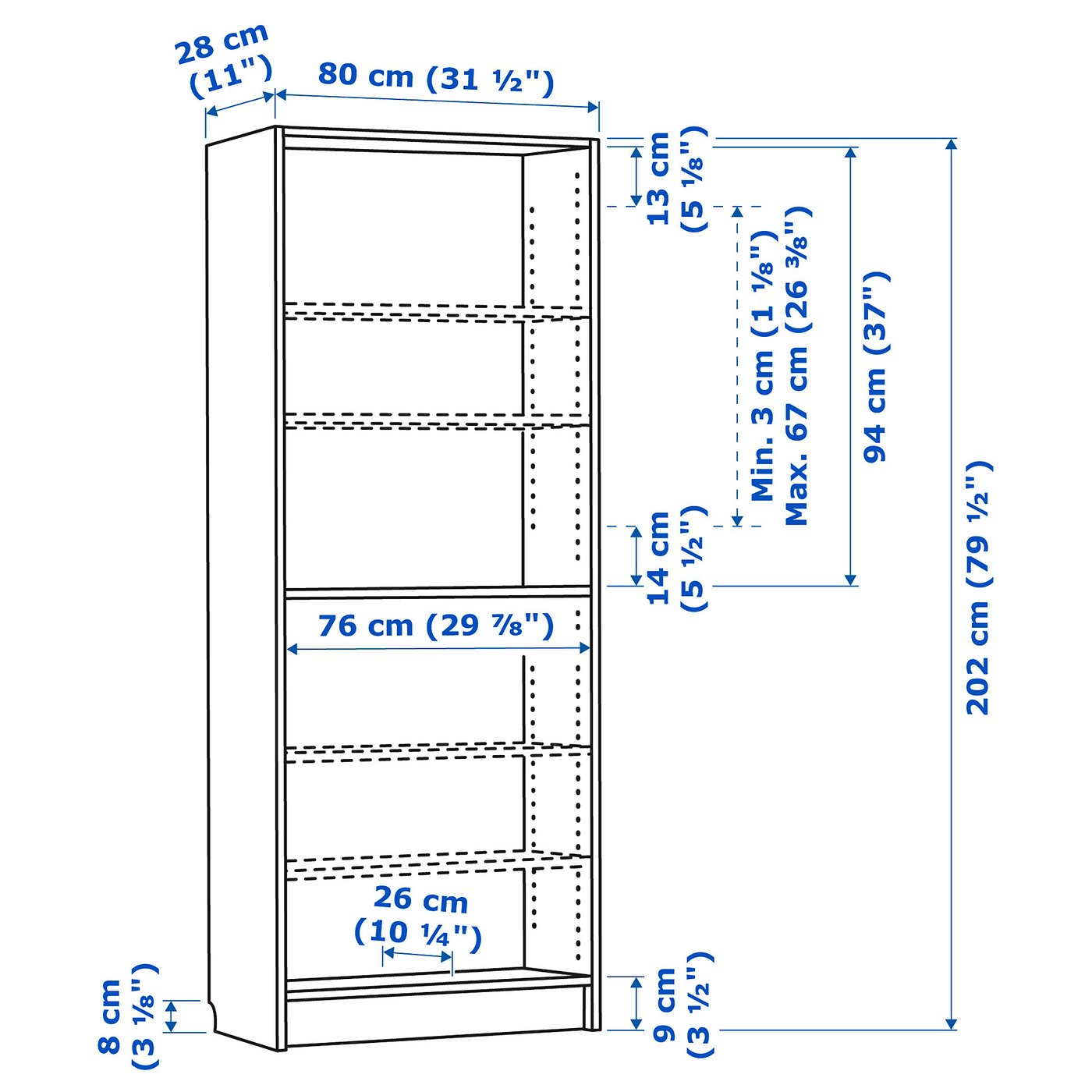 BILLY bookcase, birch effect, 311/2x11x791/2