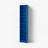 A BILLY bookcase in blue. Its a tall, rectangular shape with five empty shelves. The design is simple and modern.