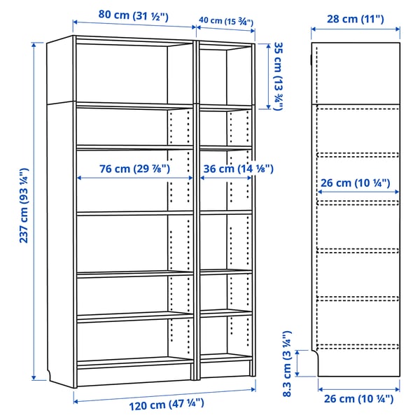 BILLY Bookcase combination/hght extension, blackbrown, 471/4x11x931/4
