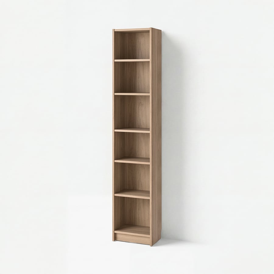 Tall, narrow wooden BILLY bookcase with six empty shelves against a wall.