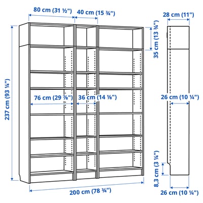 BILLY Bookcase, white, 78 3/4x11x93 1/4 "