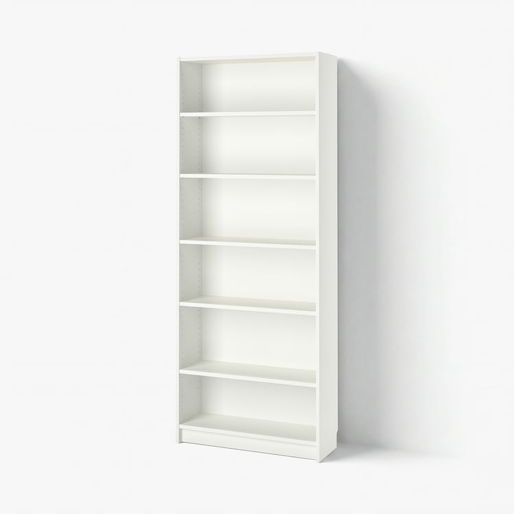 A tall, white, rectangular BILLY bookcase with open shelves.