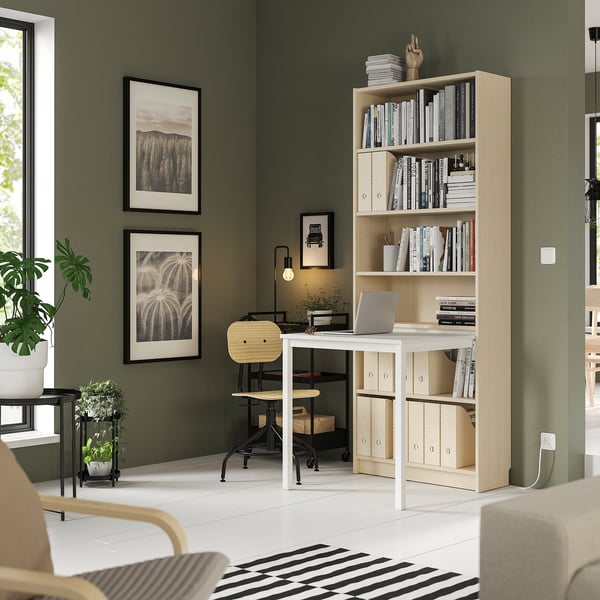 BILLY Bookcase with desk, birch effect/white, 31 1/2x79 1/2 "