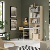 BILLY Bookcase with desk, birch effect/white, 31 1/2x79 1/2 "