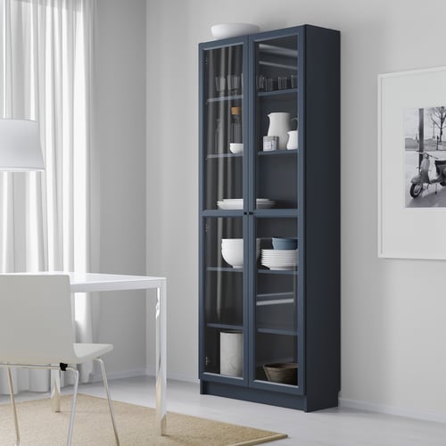 BILLY Bookcase with glass doors, dark blue, 31 1/2x11 3/4x79 1/2 "