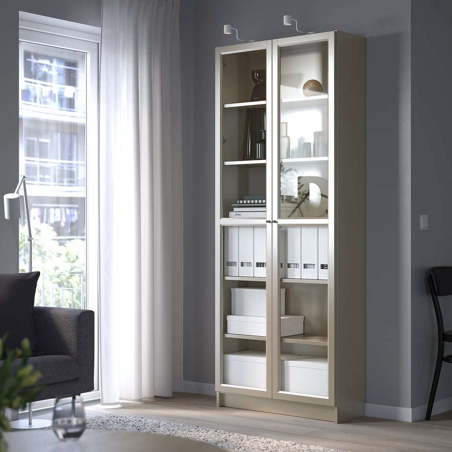 BILLY Bookcase with glass doors, gray, metallic effect, 31 1/2x11 3