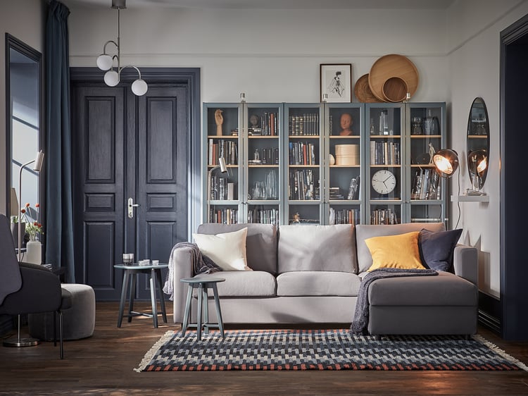 BILLY Bookcase with glass doors, grayturquoise/white stained oak veneer, 311/2x113/4x791/2" IKEA