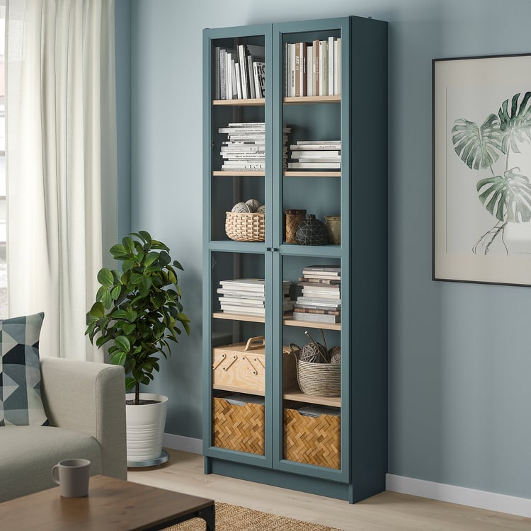 BILLY Bookcase with glass doors, grayturquoise/white stained oak