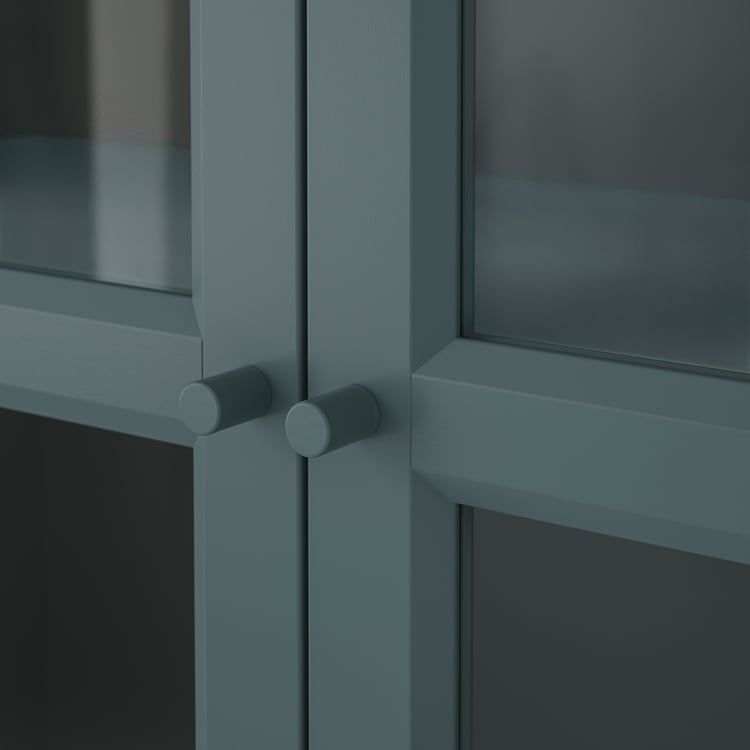 BILLY Bookcase with glass doors, grayturquoise/white stained oak