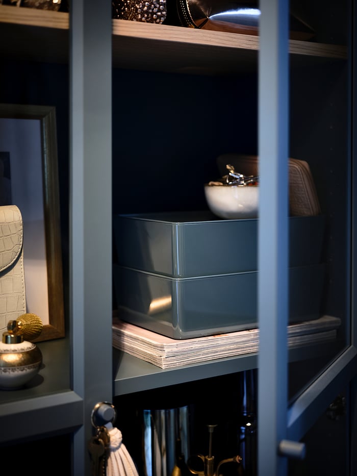 BILLY Bookcase with glass doors, grayturquoise/white stained oak