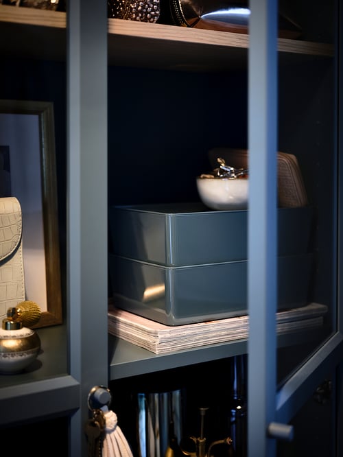 BILLY Bookcase with glass doors, grayturquoise/white stained oak veneer, 311/2x113/4x791/2" IKEA