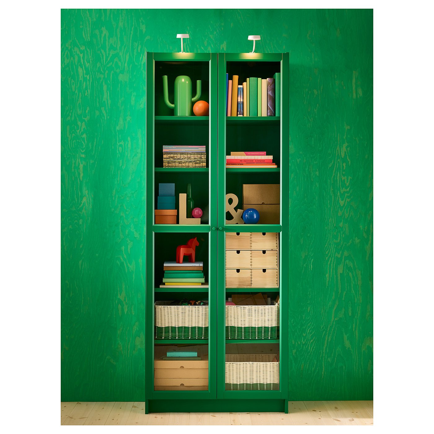 BILLY bookcase with glass doors, green, 311/2x113/4x791/2