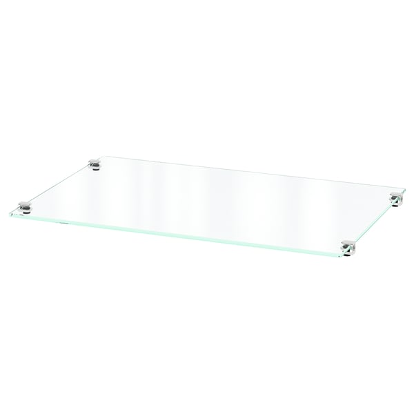 Clear glass shelf with metal brackets, modern design, ideal for wall mounting.