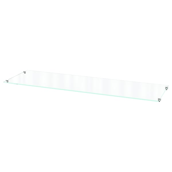 A sleek, transparent BILLY tempered glass shelf, rectangular and modern, ideal for organising and displaying items.