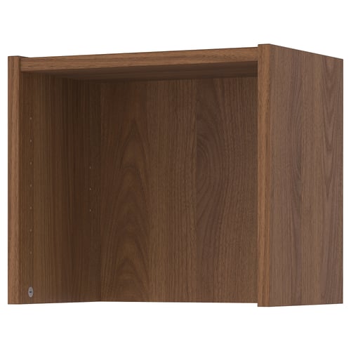 A brown BILLY wall-mountable storage unit made of particleboard and paper foil. Its rectangular shape an open top compartment for easy access.