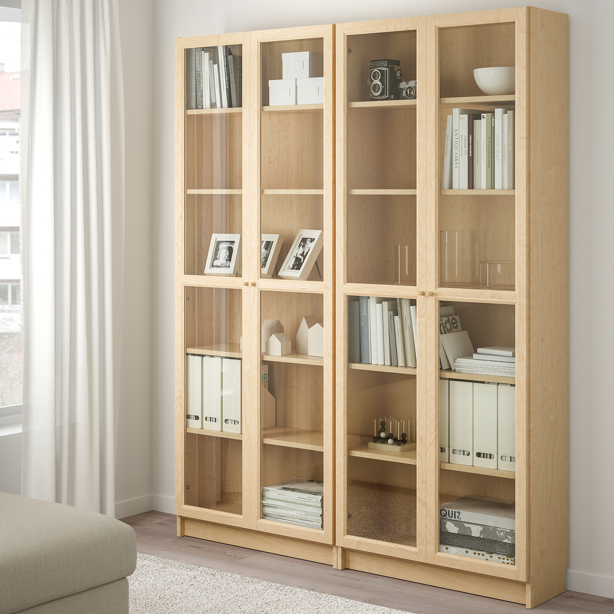 BILLY / OXBERG Bookcase, birch veneer, glass, 63x11 3/4x79 1/2" IKEA