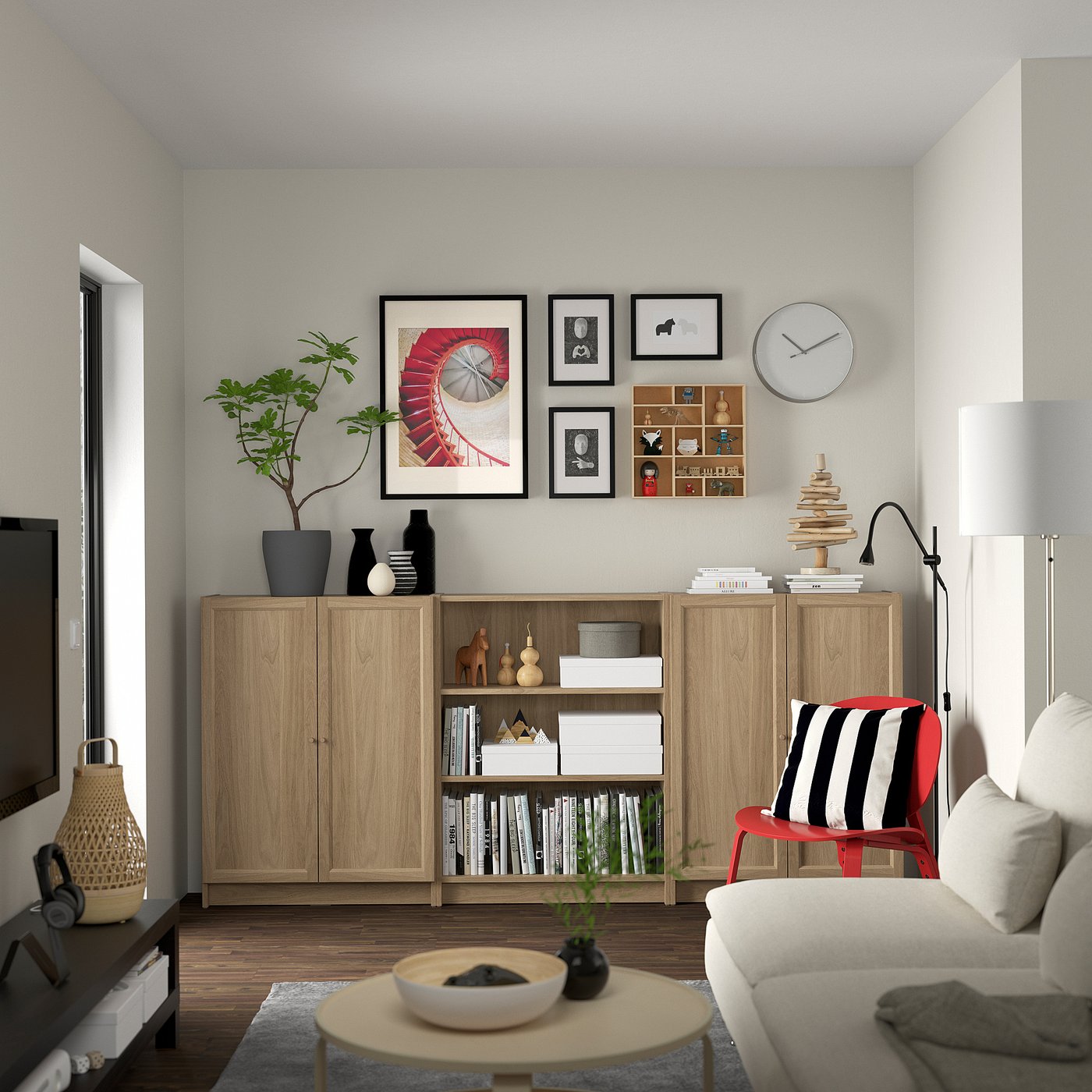 BILLY / OXBERG bookcase comb w doors, oak effect, 941/2x113/4x413