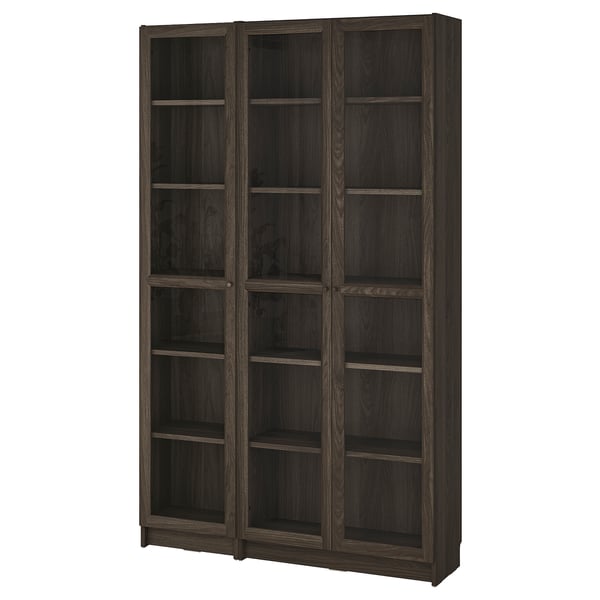 BILLY / OXBERG Bookcase comb w glass doors, dark brown oak effect/clear glass, 47 1/4x11 3/4x79 1/2 "