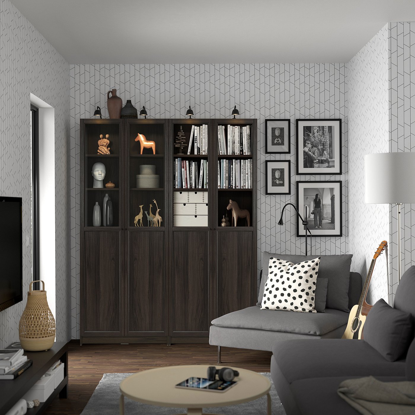 BILLY / OXBERG bookcase comb w panel/glass doors, dark brown oak