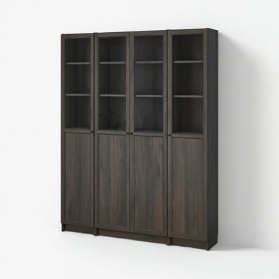 BILLY / OXBERG Bookcase comb w panel/glass doors, dark-brown oak effect, 63x79 1/2 "