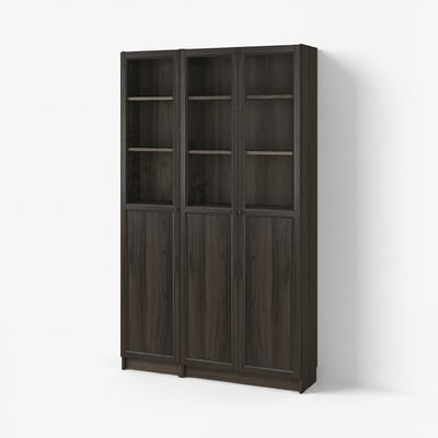 A BILLY dark brown wooden bookshelf with glass doors, featuring multiple shelves for storage.