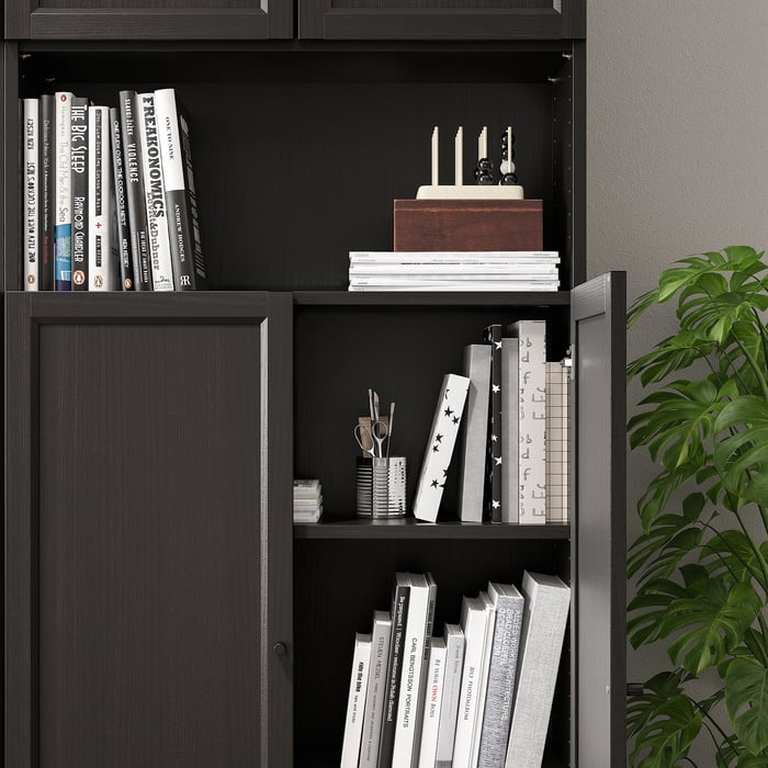 BILLY / OXBERG Bookcase+height extension & doors, blackbrown, 63x113