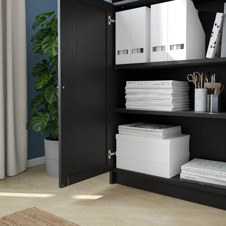 BILLY / OXBERG Bookcase+height extension & doors, blackbrown, 63x113