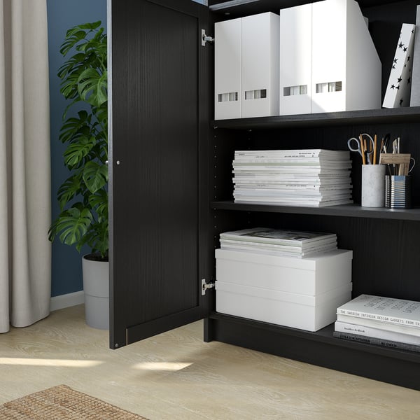 BILLY / OXBERG Bookcase+height extension & doors, blackbrown, 63x113